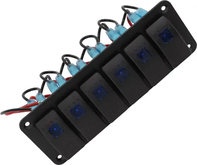 Immagine prodotto di Pannello interruttori a bilanciere a 6 vie, protezione da sovracorrente, LED, retroilluminazione blu, IP65, impermeabile, per veicoli 12-24 V, barche, SUV, camion