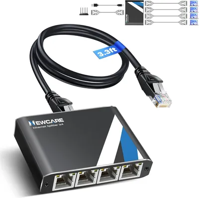 Produktbild von LAN Splitter 1 zu 4, Aluminiumgehäuse, 1 m Ethernetkabel, für Gigabit-Netzwerke