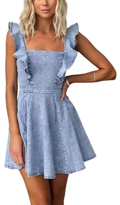Produktbild von utcoco Jeanskleid für Damen, Rüschen, Verstellbarer Träger, ärmellos, rückenfrei