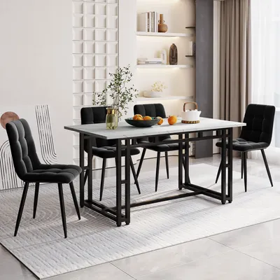 Immagine prodotto di Tavolo da pranzo nero okwish e 4 sedie, set composto da 1 tavolo e 4 sedie, ideale per piccoli spazi, adatto perda pranzo e cucine, sedie da pranzo in velluto nero, dimensioni 140 x 80 cm