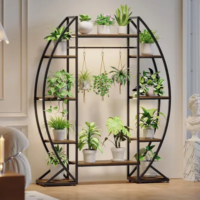Productafbeelding van Plantenrek met plantenlamp, 160 cm breed plantenrek van hout en metaal, 6-laags bloemenrek voor binnen en buiten, hoekrek voor woonkamer, balkon en tuin