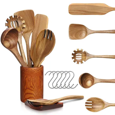 Produktbild von Küchenhelfer Set Holz 7-teilig, mit Pfannenwender und Löffelhalter, für Küche