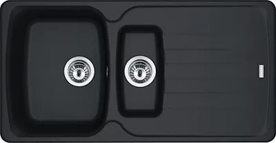 Imagen del producto de Fregadero FRANKE modelo ANTEA AZG 651-97 en color ONYX, con sistema de control excéntrico, mando giratorio cromado, dimensiones de corte de 950 x 480 mm, radio de curvatura R27. Fregadero de granito