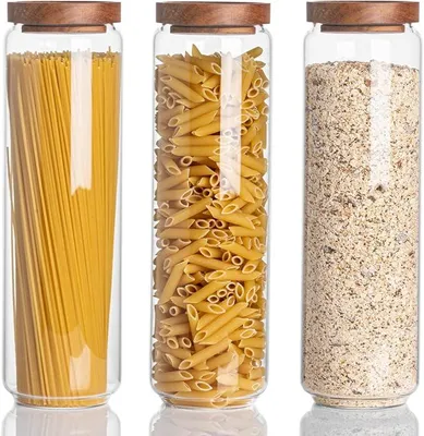 Imagen del producto de Conjunto de 3 recipientes herméticos Silecomplaza, de 1,5 litros de capacidad, con tapa de bambú. Recipientes de vidrio transparente para despensa, cocina, ideales para almacenar harina, azúcar, té, café, galletas, especias y hierbas