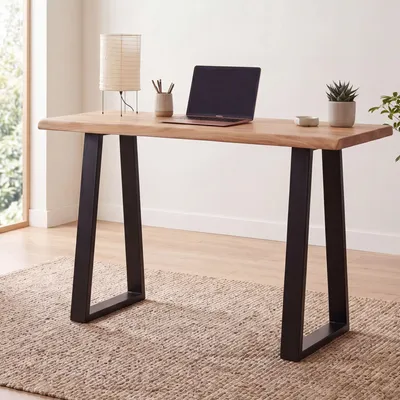 Produktbild von FineBuy Schreibtisch 118x41x76,5 cm Akazie Massivholz / Metall Computertisch Baumkante Homeoffice Bürotisch Massiv Schmal Holztisch Laptoptisch