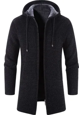 Produktbild von ASKSA Herren Strickjacke mit Kapuze Lang Gestrickt Cardigan Pullover Hoodie Kapuzenjacke Winter Fleecejacke, Schwarz, L