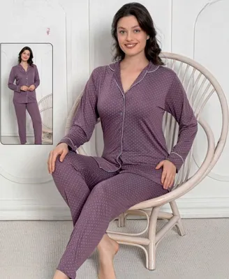 Produktbild von Damen Pyjama Schlafanzug Lang Lila XL Viskose mit Knöpfen 2 Teiler Warm L-47
