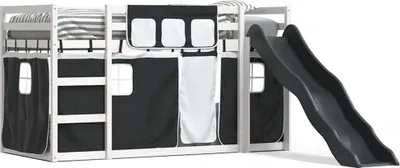 Image de vidaXL Lit superposé avec toboggan et rideaux blanc et noir 90x200 cm