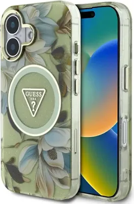 Image de GUESS étui pour IPHONE 16 compatible avec MagSafe GUHMP16SHFLPEDN (IML Metal Glitter Flowers Triangle) vert