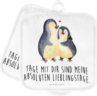 Produktbild von Mr. & Mrs. Panda Topfuntersetzer Pinguin umarmen - Weiß - Geschenk, Ofenlappen, Topflappen Set, Liebe, 2er, Hochzeitstag, topfhalter