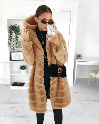 Obrázek produktu pro ASKSA Dámský kožešinový kabát Oversize Zimní teplá dlouhá kožešinová bunda Fluffy Elegant Cardigan Parka Coat with Hood, Khaki, M