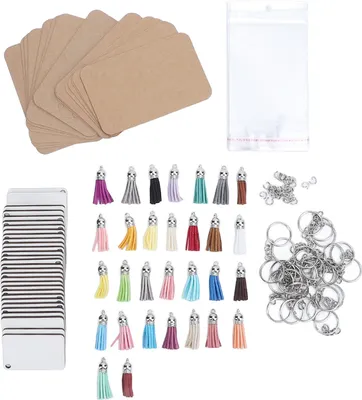 Obrázok produktu pre Súprava na výrobu 180 ks príveskov na kľúče pomocou sublimácie s obojstrannými MDF polotovarami, krúžkami, strapcami, kartami, papiermi a vrecúškami