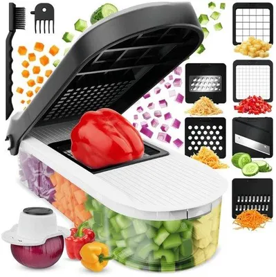 Productafbeelding van Famanu groentesnijder 6-in-1, wit – compacte mandoline met blokjesnijder voor salades, uien en groenten