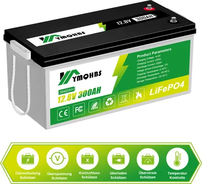 Produktbild von Solarbatterie 12V 300AH 3000000 MAH LIFEPO4 Batterie Solar Akku Versorgungsbatterie stromspeicher photovoltaik Camping Solaranlage Gartenhaus BMS