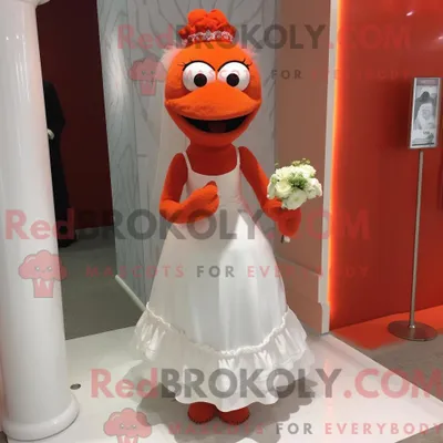 Produktbild von Rot-orangefarbenes REDBROKOLY Maskottchenkostüm mit Brautkleid und Schuhclips