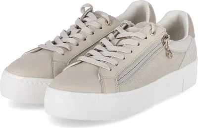 A pair of beige platform sneakers with white soles and laces, featuring a side zipper detail.