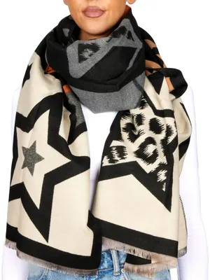 Produktbild von BRUBAKER Cashmirillo Damen Schal mit Stern Muster - 70 x 200 cm - Warm, Kuschelig & Oversized, Schwarz, Braun & Beige