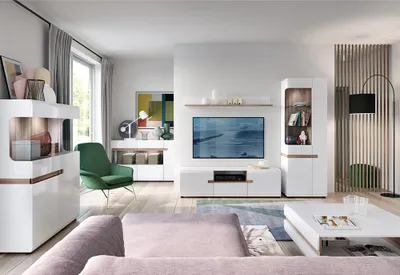 Produktbild von Wohnzimmer Möbel Set mit Beleuchtung in modernem Design, weiß Hochglanz mit Trüffel Eiche Nb., LEGNICA-129