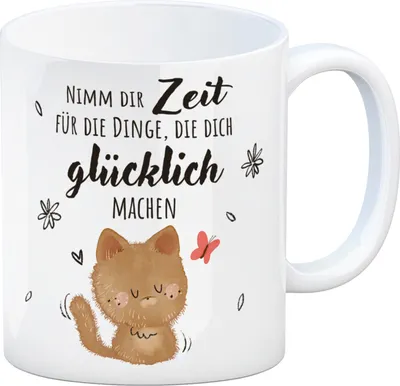 Produktbild von Katze Kaffeebecher mit Spruch Zeit für dein Glück nehmen
