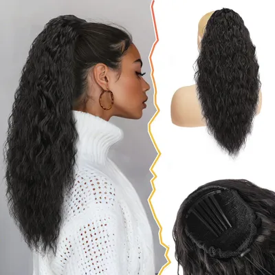 Produktbild von Ponytail Extension 56cm Lockige Wellige Schwarz Braun Hitzebeständig