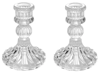 Zdjęcie produktu dla Zestaw dwóch szklanych świeczników na świece typu tealight lub stożkowe, przezroczyste, wysokość 10,3 cm