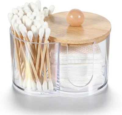 Imagen del producto de Dispensador de algodón y bastoncillos de algodón con tapa de madera, de 6,3 x 9,7 cm, para baño