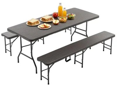 Imagen del producto de Conjunto de mesa de picnic plegable AIORBER de 180 cm (6 pies), de 3 piezas, con 2 bancos, ideal para exteriores, resistente a la intemperie, perfecto para camping, jardín o terraza. Fabricado en plástico HDPE, color marrón