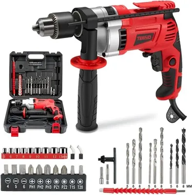 Produktbild von TEENO Schlagbohrmaschine 910 W mit Kabel, 0–3000 U/min mit 38 Zubehör, Variabler Geschwindigkeitsknopf