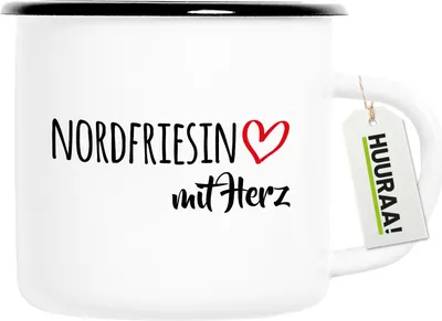 Produktbild von Huuraa Emaille Tasse Nordfriesin mit Herz 300ml Vintage Campingbecher Geschenkidee