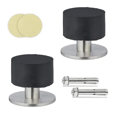 Produktbild von Türstopper, 2er-Set, selbstklebend oder zum Anschrauben, Edelstahl und Gummi, Boden- und Wandstopper, schwarz/silber