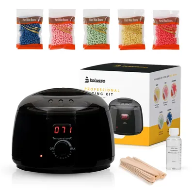 Immagine prodotto di Apparecchio per ceretta Bolusso | set per depilazione | scaldacera incluso | 5 tipi di cera in grani (500g) | 50 bastoncini di cera | temperatura regolabile 30-120°C