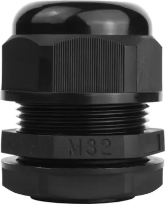 A black cable gland is shown against a white background.