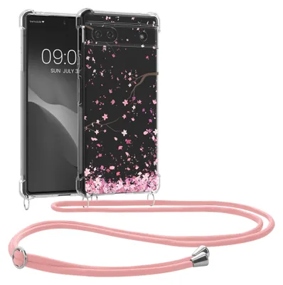 Produktbild von kwmobile Necklace Case kompatibel mit Google Pixel 6a Hülle - Silikon Cover mit Handykette - Rosa Dunkelbraun Transparent Kirschblütenblätter