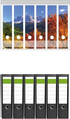 Produktbild von Wallario 6 Stück breite Ordner inkl. Klebeetiketten mit Motive Herbst im Gebirgstal unter blauem Himmel -  Set mit Rückenschildern / Ordnerrücken Stickern