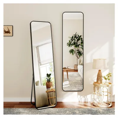Produktbild von Ganzkörperspiegel, 150 x 40 cm, Stand- und Wandspiegel, großer Spiegel mit Ständer, robuster Aluminiumrahmen, HD Ankleidespiegel für Schlafzimmer und Wohnzimmer, Schwarz