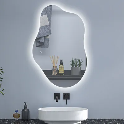Produktbild von Badspiegel Wolke 80×55cm Kalt/Neutral/Warmweiß Asymmetrisch Spiegel dimmbar Memory Beschlagfrei eine Stunde automatische Abschaltung Wandschalter Spiegel mit Beleuchtung