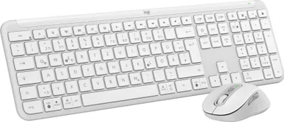 A white wireless keyboard and mouse set on a white background.