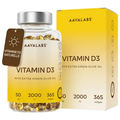 Image de Aavalabs Vitamine D3 2000 UI | Système immunitaire et os | 365 gélules molles