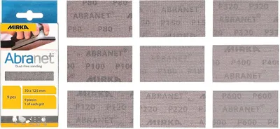 Zdjęcie produktu dla Mirka Abranet, taśmy szlifierskie, 70x125 mm, z rzepem, zestaw mieszany, 9 sztuk, do drewna i szpachli