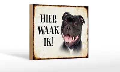 Produktbild von Holzschild Spruch 18x12 cm holländisch Hier Waak ik Staffordshire Bull Terrier