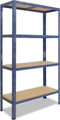 A blue metal shelving unit with four wooden shelves against a white background.