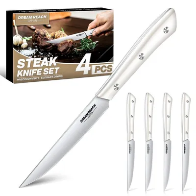 Immagine prodotto di Set di coltelli per bistecca, 4 pezzi, lama extra affilata, costruzione full tang, lavabili in lavastoviglie, acciaio inossidabile, colore argento. Lunghezza: 11 cm