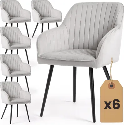 Produktbild von 6er Set Velours Esszimmerstühle mit Ziernähten FLORENCE Grau mit schwarzen Beinen
