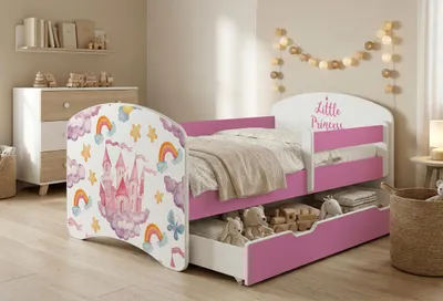 Produktbild von Happy Babies Kinderbett - Satz Mit Matratze & Schublade und Rausfallschutz, 70x140, Mädchen Kinderbetten & Jugendbett Jungen Kids Bed, buntes Design,
