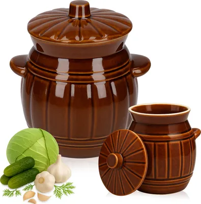 Zdjęcie produktu dla SuperButelki - Beczka kamionkowa 3,7l pojemnik garnek ceramiczny kamionka brązowa 2700ml na ogórki, kapustę, z ceramiczną pokrywką