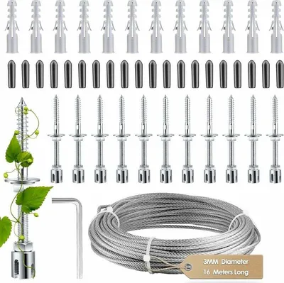 Produktbild von Rankhilfe für Kletterpflanzen, kompletter Edelstahlbausatz mit Wandhalterung und Seildurchmesser 3 mm (Länge 16 m)
