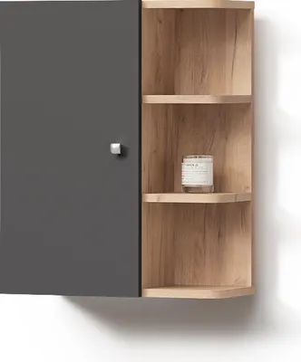 A corner cabinet with a closed door on the left and open shelves on the right, displaying a candle.