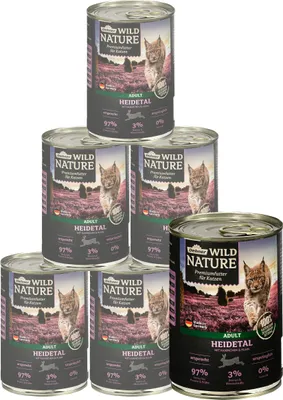 Produktbild von Dehner Wild Nature Katzenfutter Heidetal, Nassfutter getreidefrei / zuckerfrei, für ausgewachsene Katzen, Kaninchen / Huhn, 6 x 400 g Dose (2.4 kg)