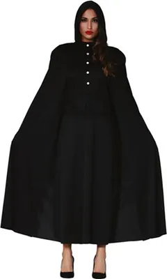 A woman is wearing a black hooded cape and dress, posing for a product image.