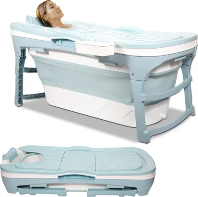 Immagine prodotto di Jiubiaz Vasca da bagno pieghevole, per bagno, doccia e balcone, con coperchio e rulli massaggianti, vasca portatile in plastica spessa Blu 116 x 60 x 50 cm
